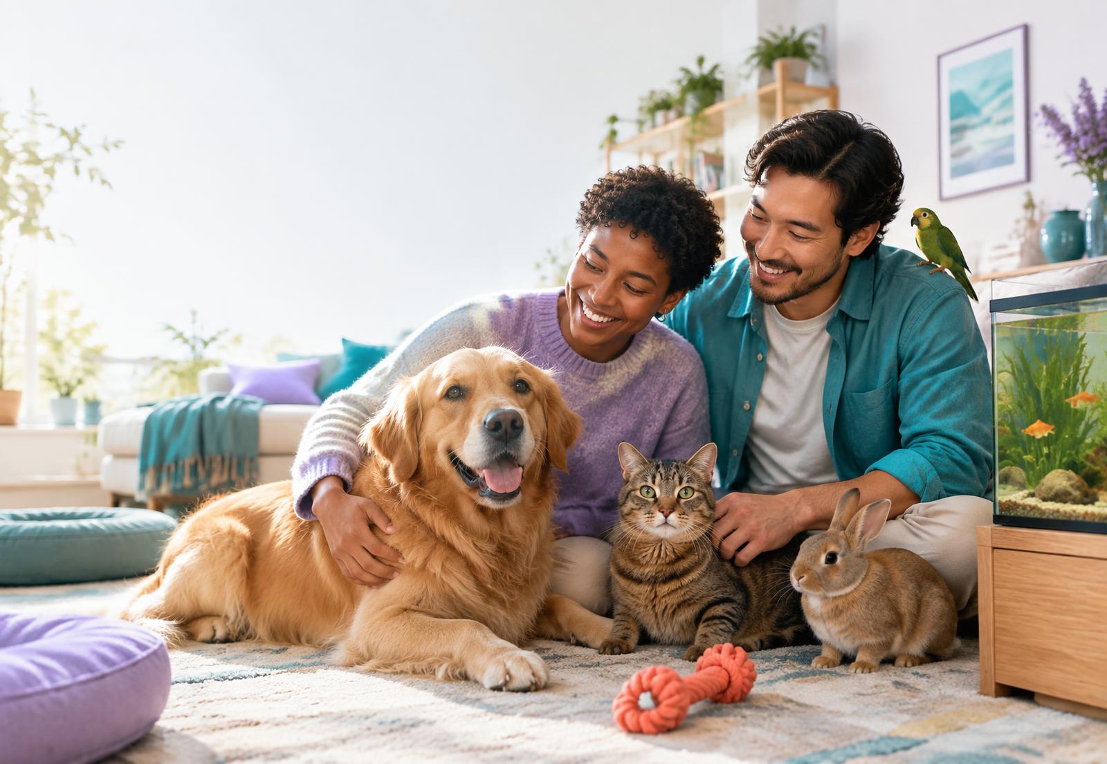 Pet caregivers relaxing with a dog, cat, rabbit, parrot and fish